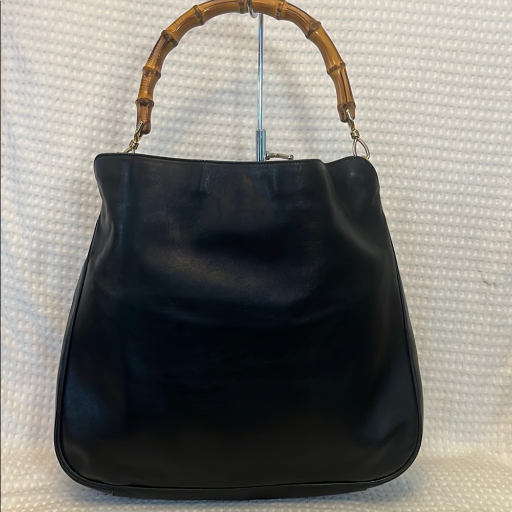 Gucci Black Leather Shoulder Bag with Bamboo Top Handle and Gold Hardware - Picture 2 of 16